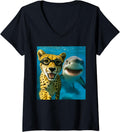 Womens Funny Cheetah Selfie with Shark Ocean Lovers Safari Animal V Neck Apparel Comfort Fit Hot Right Now