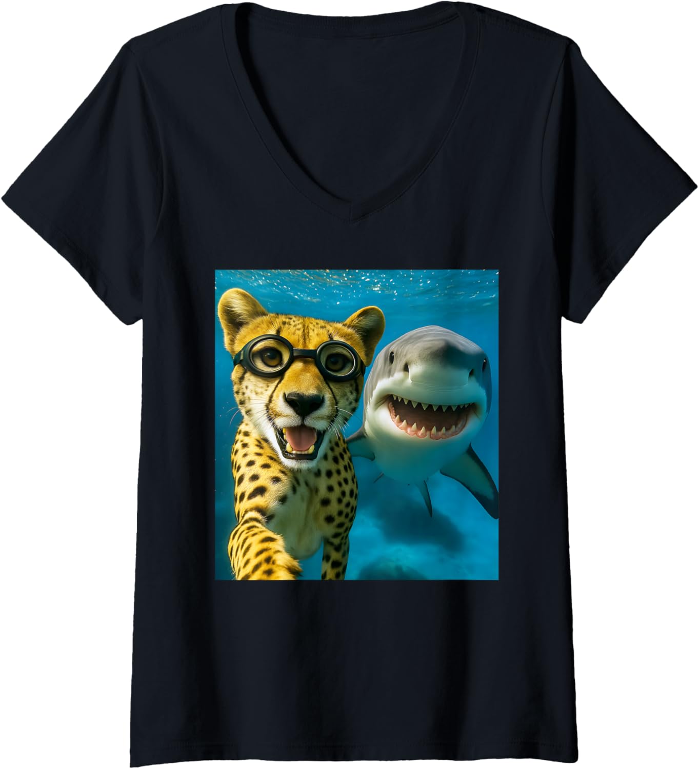 Womens Funny Cheetah Selfie with Shark Ocean Lovers Safari Animal V Neck Apparel Comfort Fit Hot Right Now