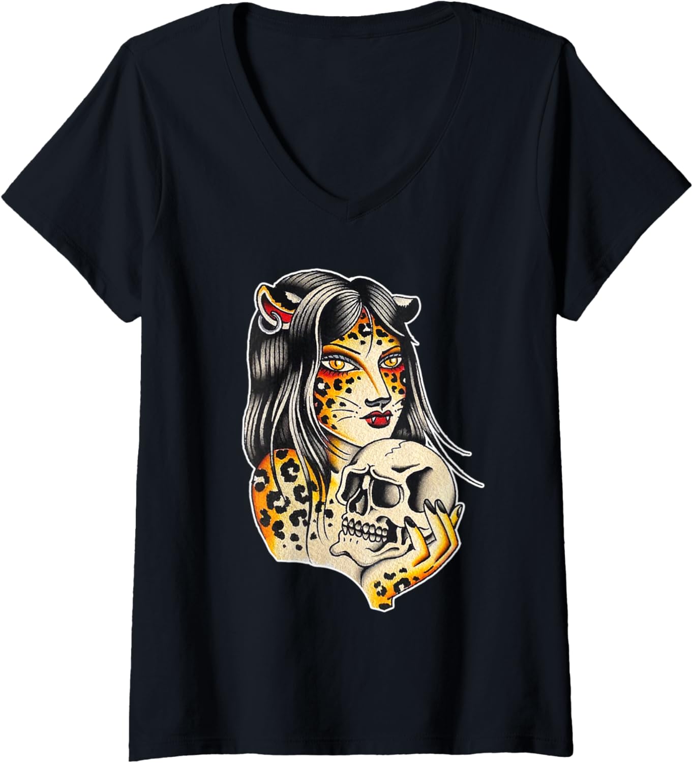 Womens Cheetah Girl x Skull V Neck Apparel Comfort Fit Hot Right Now