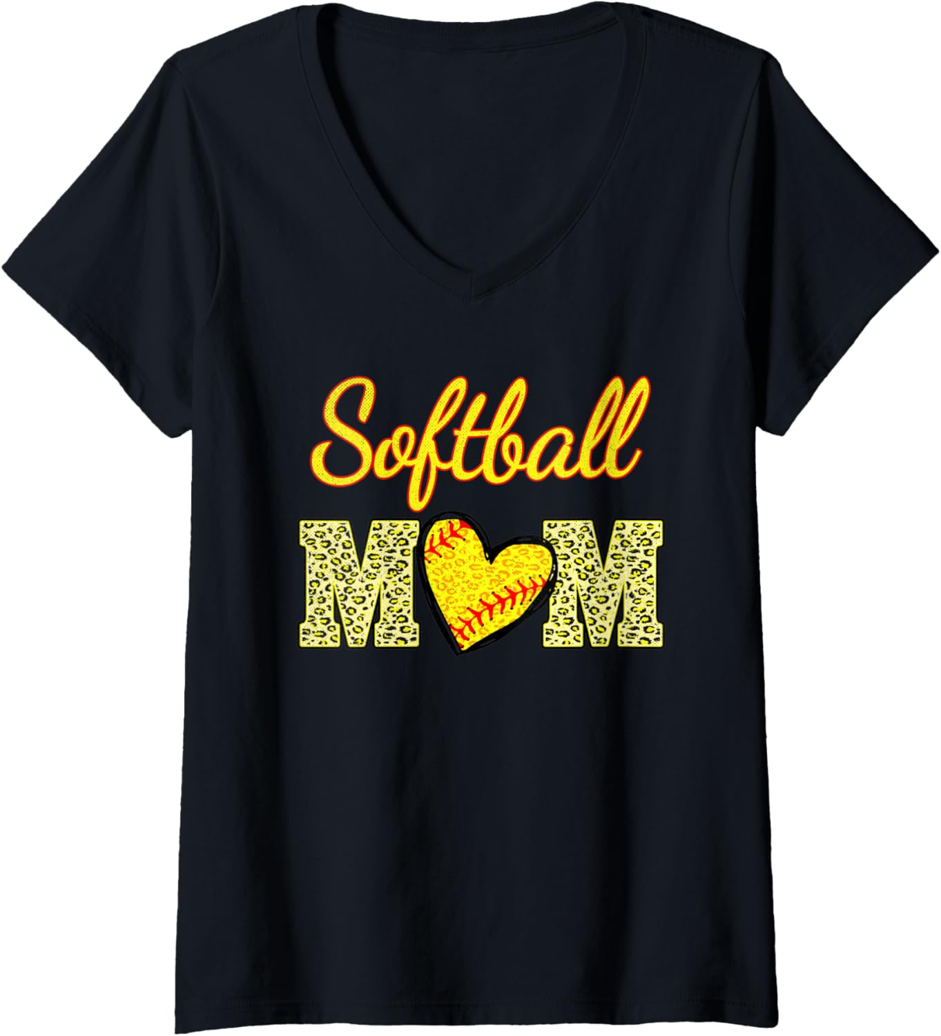 Womens Softball Mom Cheetah Print Heart V Neck Apparel Comfort Fit Everyday Wear