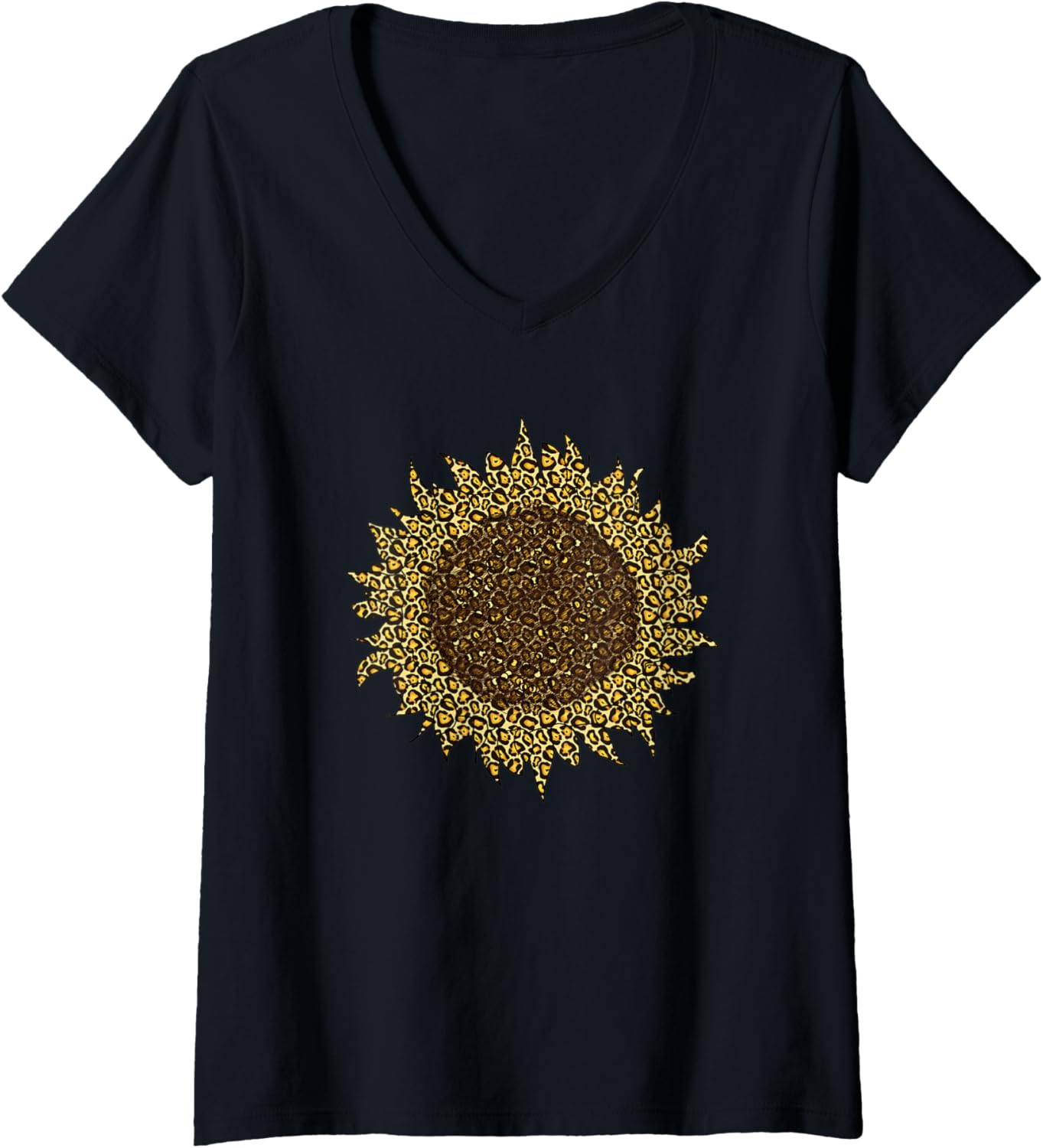 Womens Sunflower Leopard Print Tee Cheetah Animal Graphic Boho V Neck T Shirt Streetwear Style Best Seller Look