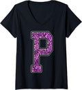 Womens Leopard Cheetah Print Capital Letter P Monogram Initial Pink V Neck Apparel Trending US Gift Ready