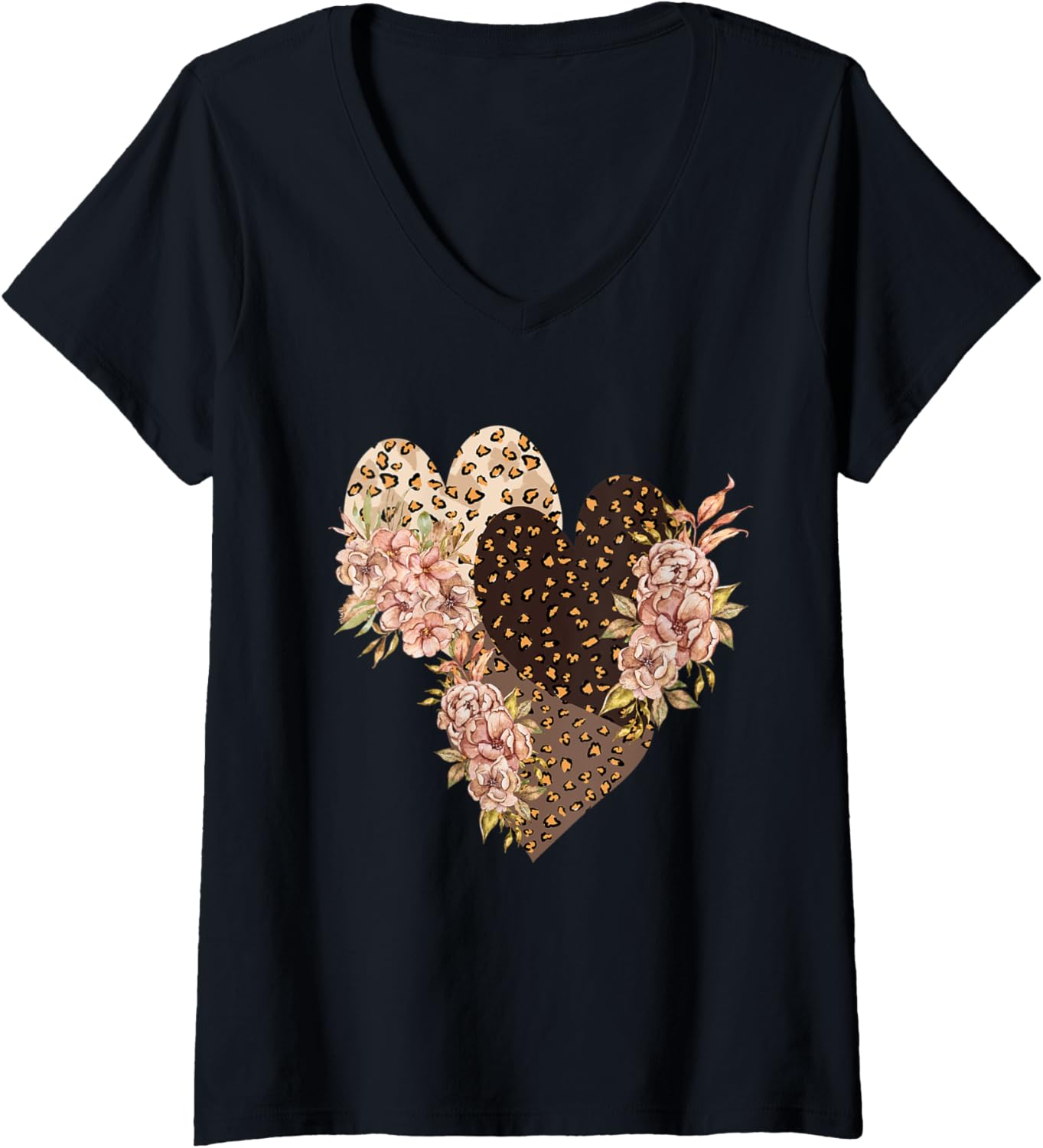 Womens CHEETAH PRINT HEARTS WITH FLOWERS V Neck Apparel Premium Print US Top Pick