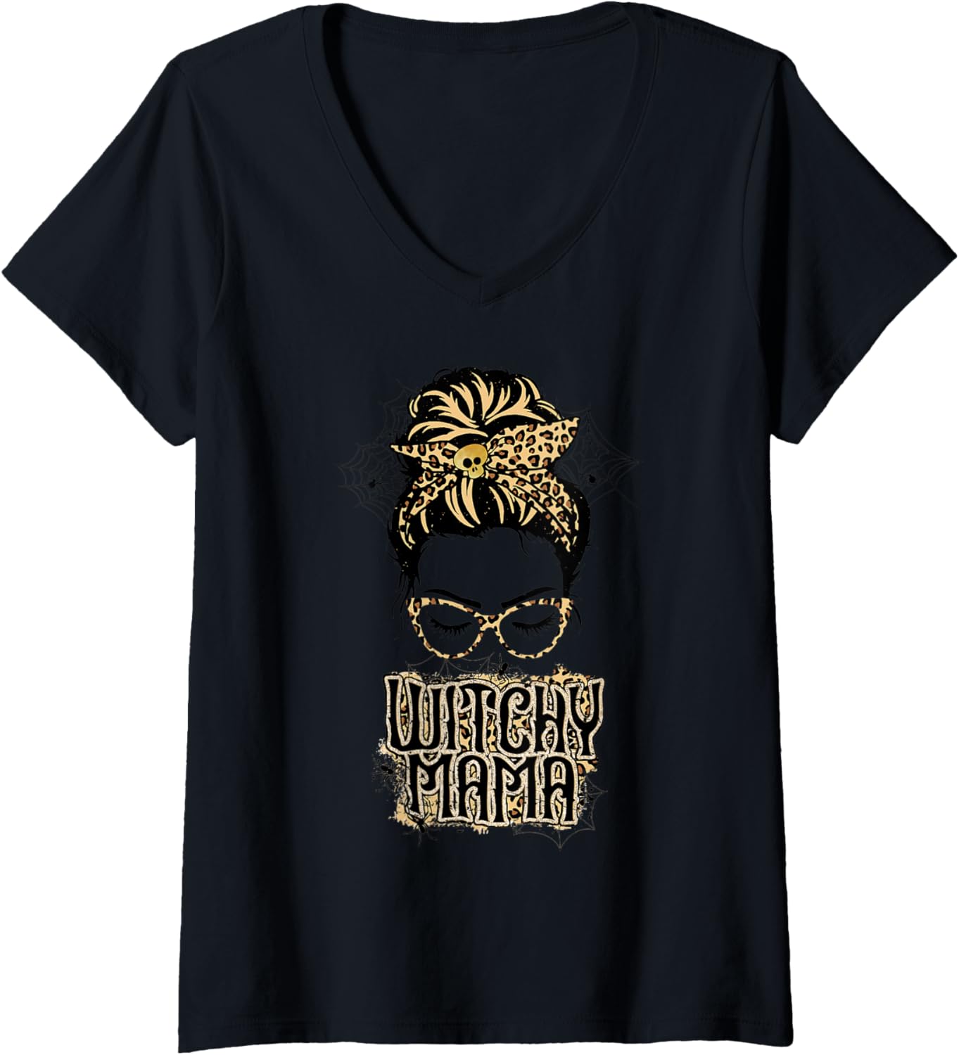Womens Leopard Print Witchy Mama Messy Hair Bun Halloween Mom Life V Neck Apparel Streetwear Style Hot Right Now
