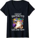 Womens Easily Distracted By Cats And Yarn Funny Knitting Crocheting V-Neck Yarn Supply | Viral US Pick | Best Seller ...