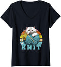 Knit Retro Cat With Skein Of Yarn Wool Knitter Crocheter V-Neck Yarn Supply | Trending 2025 | Perfect for Crafters