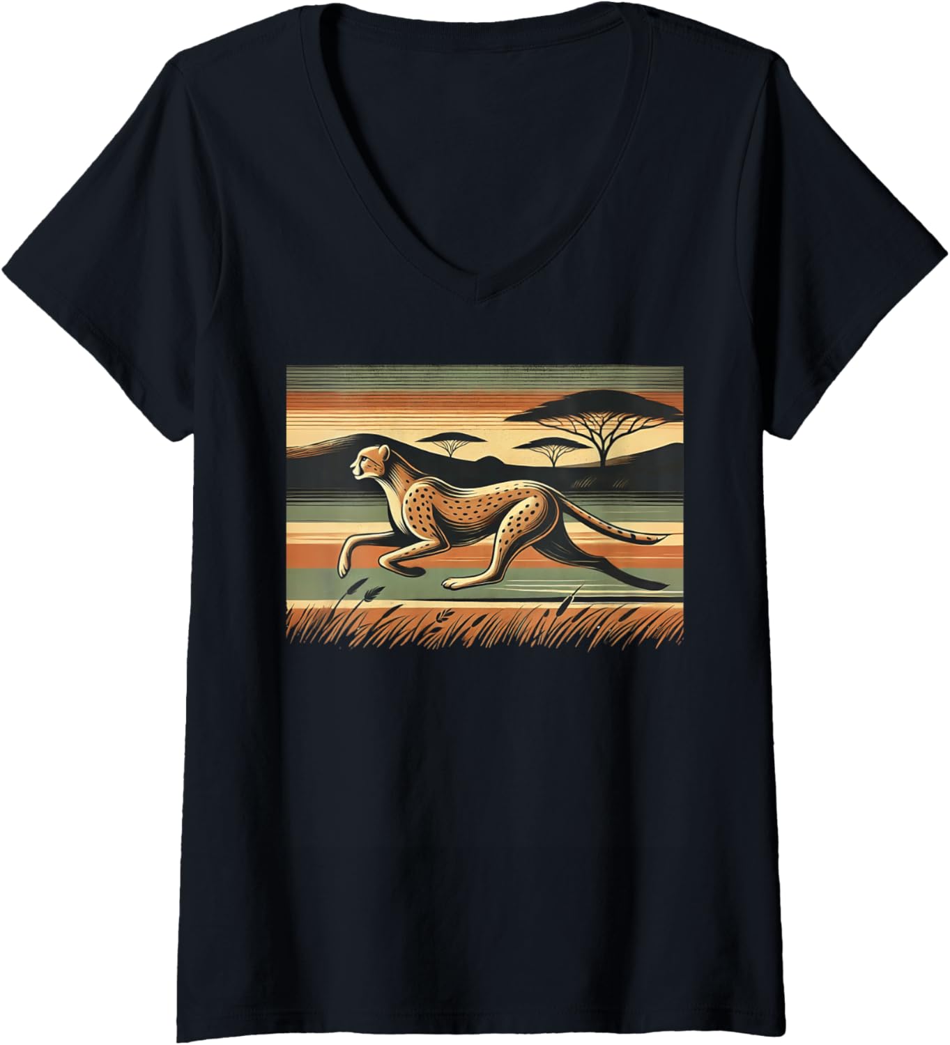 Womens Silhouette Running Mammal Wildlife Savanna Vintage Cheetah V Neck Apparel Comfort Fit Best Seller Look