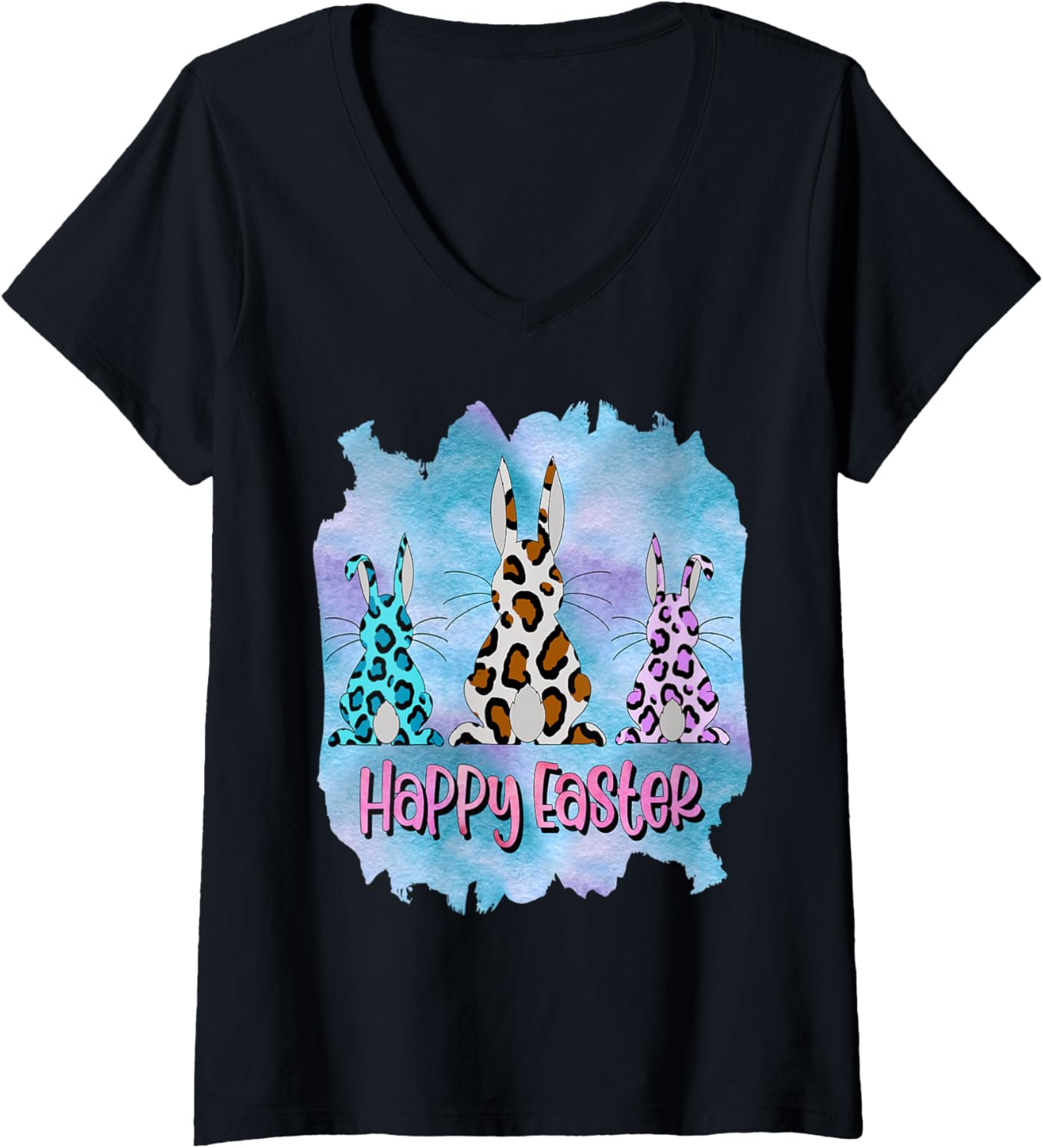 Womens Easter Bunny Rabbits With Leopard Cheetah Print Happy Easter V Neck Apparel Trending US Hot Right Now