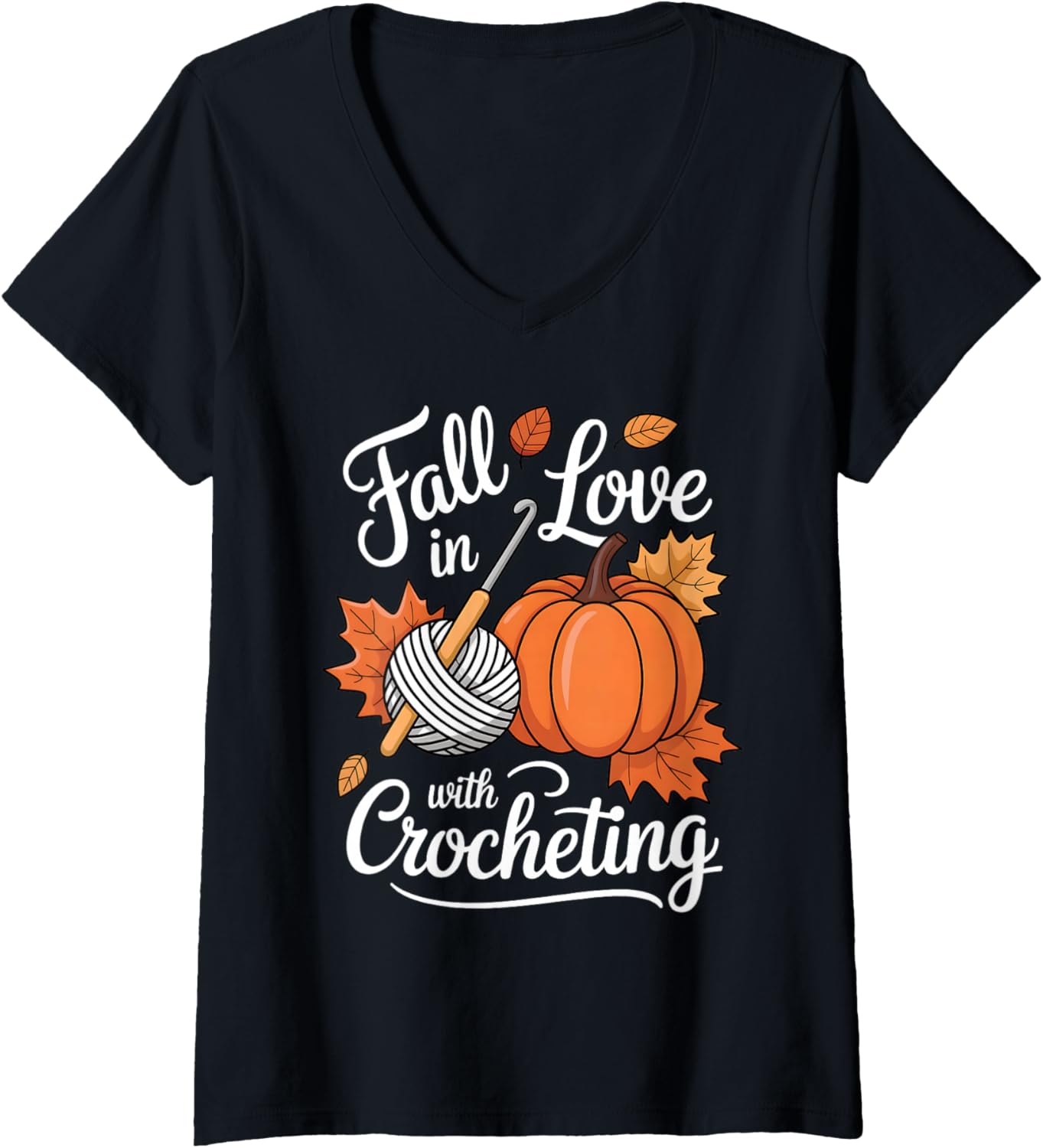 Womens Thanksgiving Fall in Love with Crocheting Autumn Yarn V-Neck Yarn Supply | High Search Volume | Perfect for Cr...