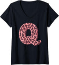 Womens Letter Q Cheetah Leopard Print Pink Initial Zebra Matching V Neck Apparel Comfort Fit Hot Right Now