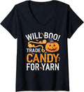 Womens Will Trade Candy For Yarn Pumpkin Halloween Kntting Crochet V-Neck Yarn Supply | Viral US Pick | Customer Favo...