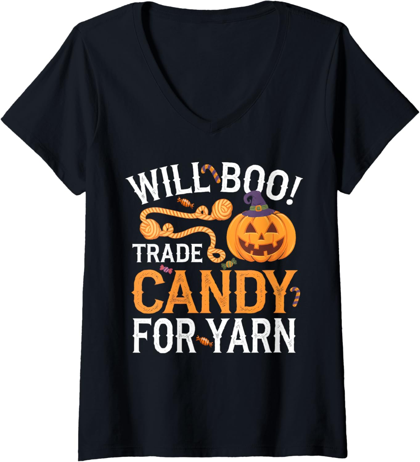 Womens Will Trade Candy For Yarn Pumpkin Halloween Kntting Crochet V-Neck Yarn Supply | Viral US Pick | Customer Favo...
