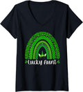 Womens Lucky Aunt Shirt Leopard Print Rainbow Unicorn Patrick s Day V Neck T Shirt Viral TikTok Find Gift Ready