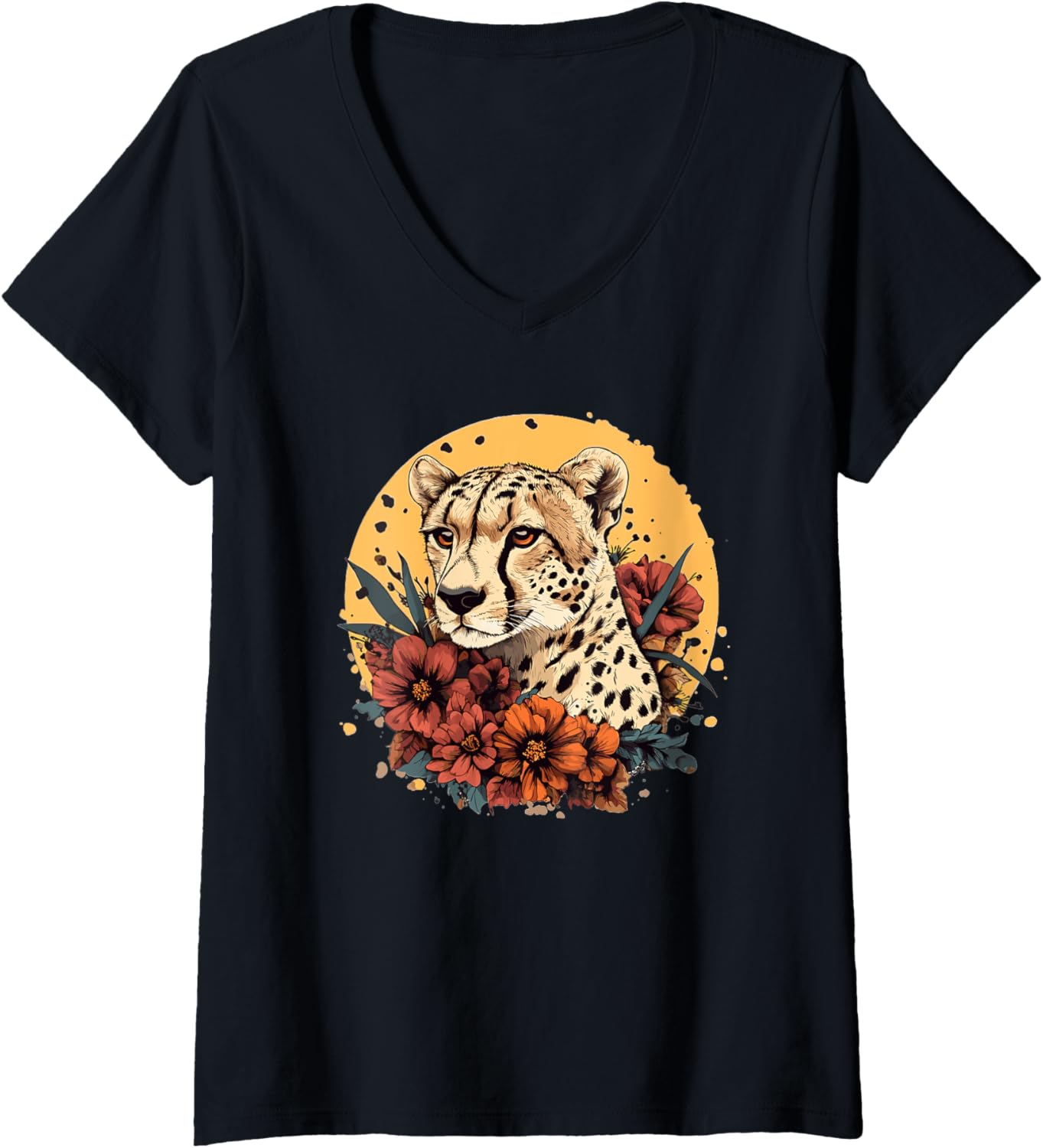 Womens Majestic Cheetah Floral Sun Wildlife Beauty V Neck Apparel Comfort Fit US Top Pick