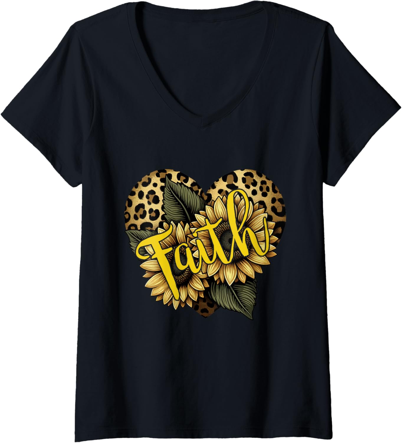 Womens Faith Leopard Cheetah Print Heart Sunflower Christian Faith V Neck Apparel High Search Demand US Top Pick
