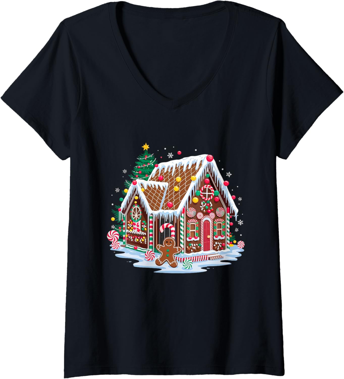 Womens Christmas Gingerbread House Candy Cane X-Mas Pajamas Party V-Neck Apparel | Premium Quality | Aesthetic Fit
