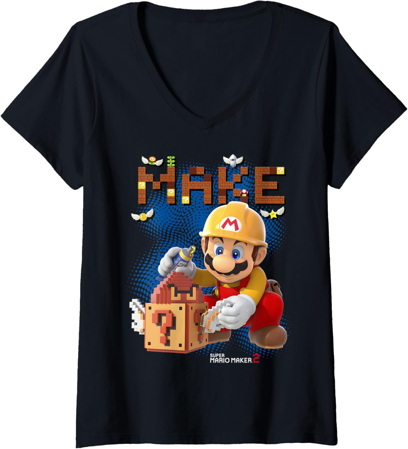 Womens Super Mario Maker 2 Mario Block Building Make Portrait V-Neck Apparel | High Search Volume | Aesthetic Fit