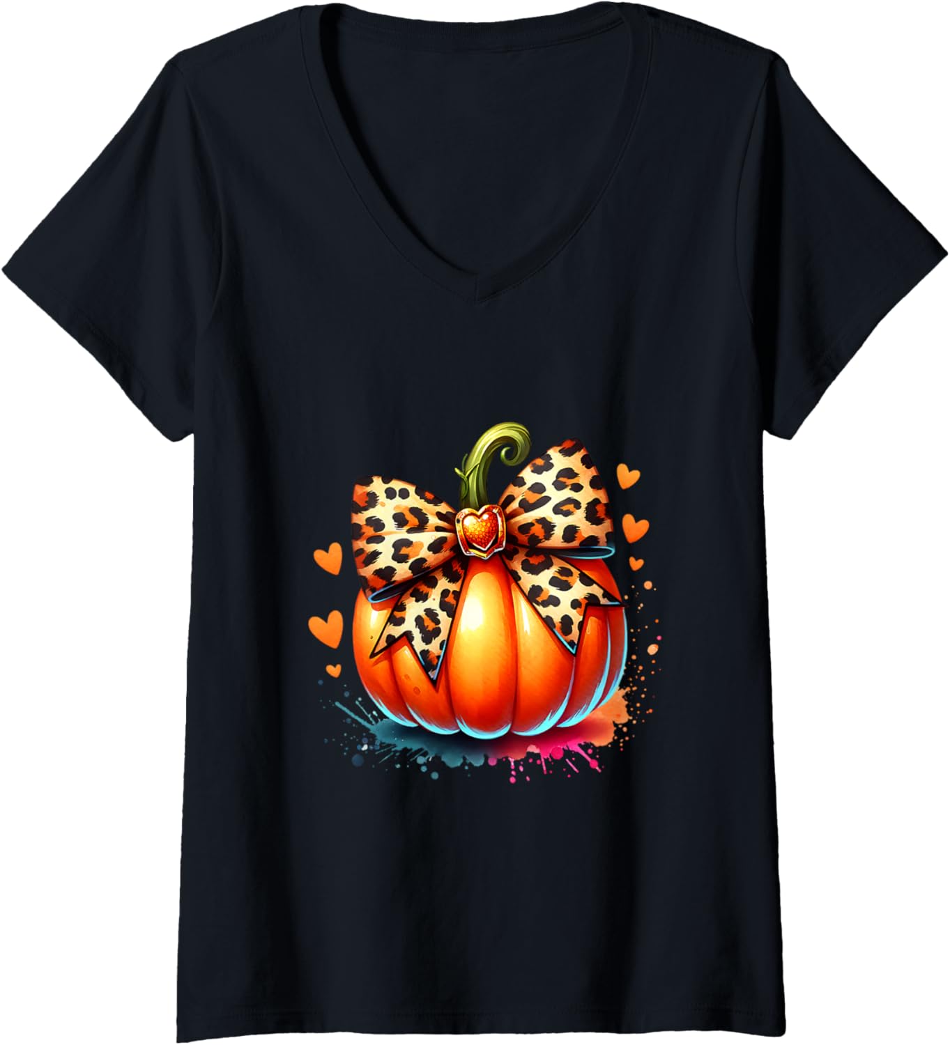 Womens Halloween Pumpkin with Cheetah Coquette Bow V Neck Apparel High Search Demand Everyday Wear