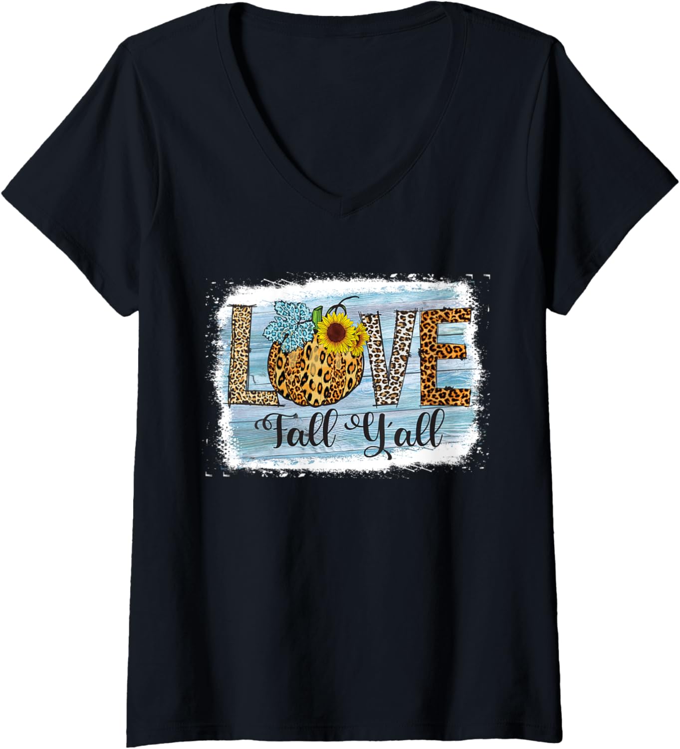 Womens Love Fall Y all Cheetah Print Sunflowers Pumpkin Love V Neck Apparel Streetwear Style US Top Pick