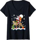 Womens Santa Riding Cheetah Christmas Tree Colorful Lights Lover V Neck Apparel Comfort Fit Hot Right Now