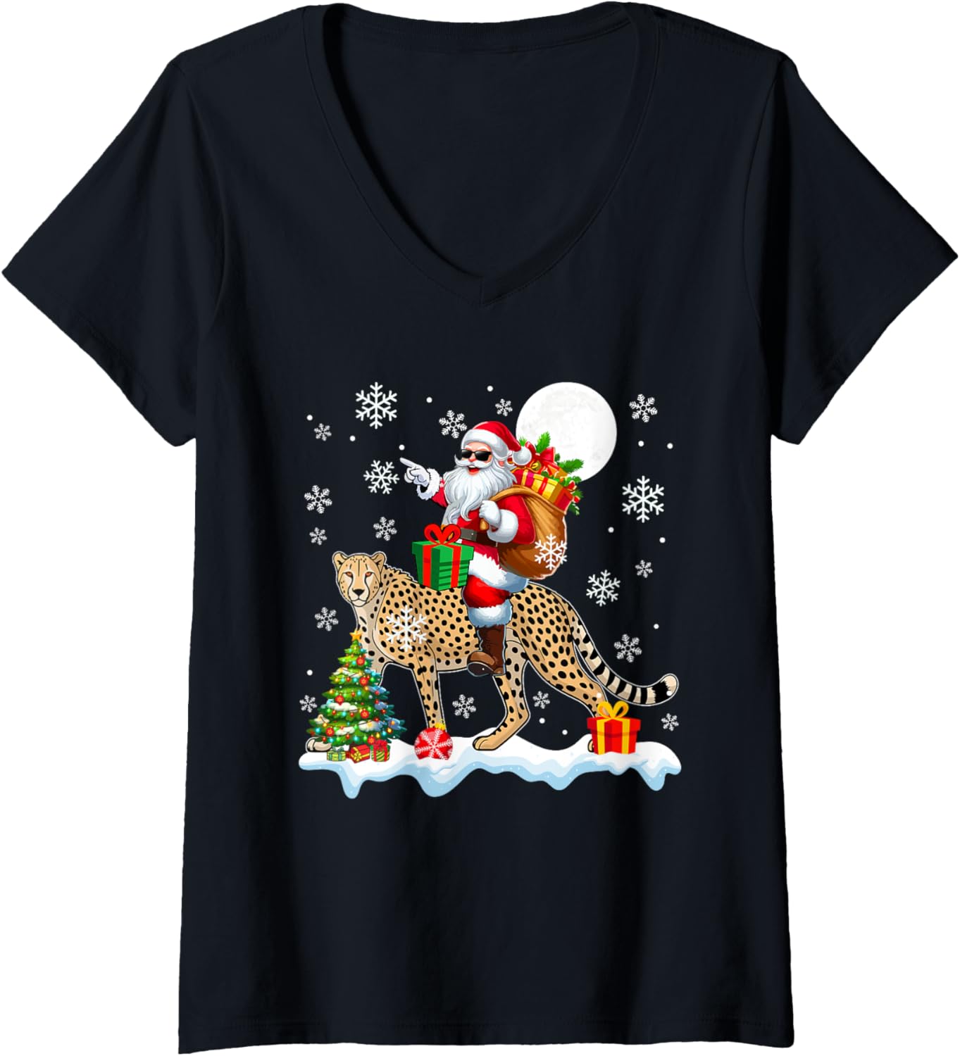 Womens Santa Riding Cheetah Christmas Tree Colorful Lights Lover V Neck Apparel Comfort Fit Hot Right Now