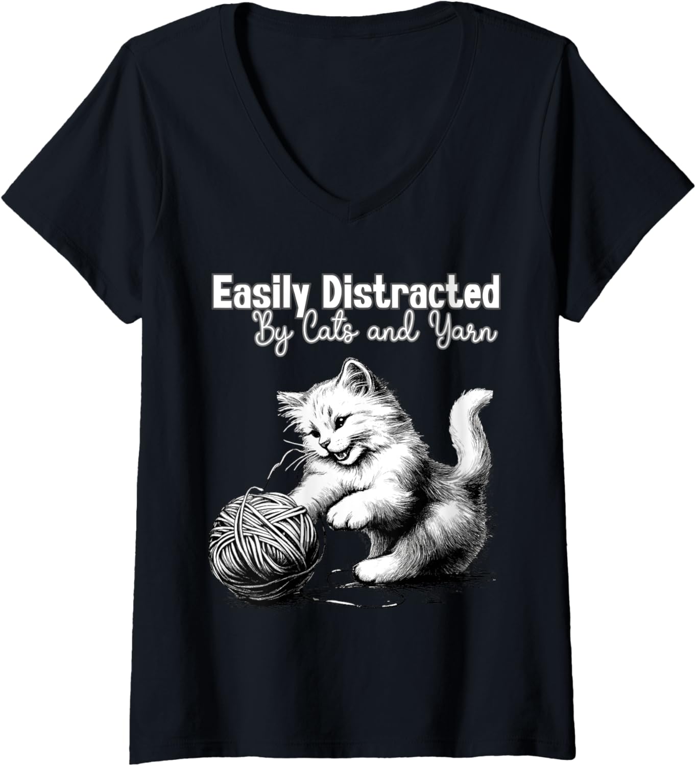 Womens Adorable Knitting and Crochet Happy Cat Yarn Lovers Gift V-Neck Yarn Supply | Premium Quality | Best Seller Ch...
