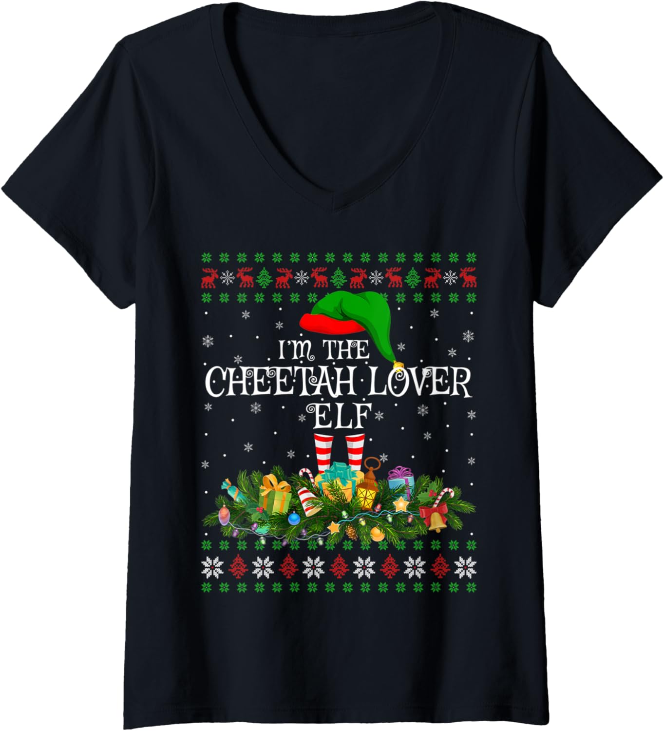 Womens Matching Family Ugly I m The Cheetah Lover Elf Christmas V Neck Apparel Premium Print Gift Ready