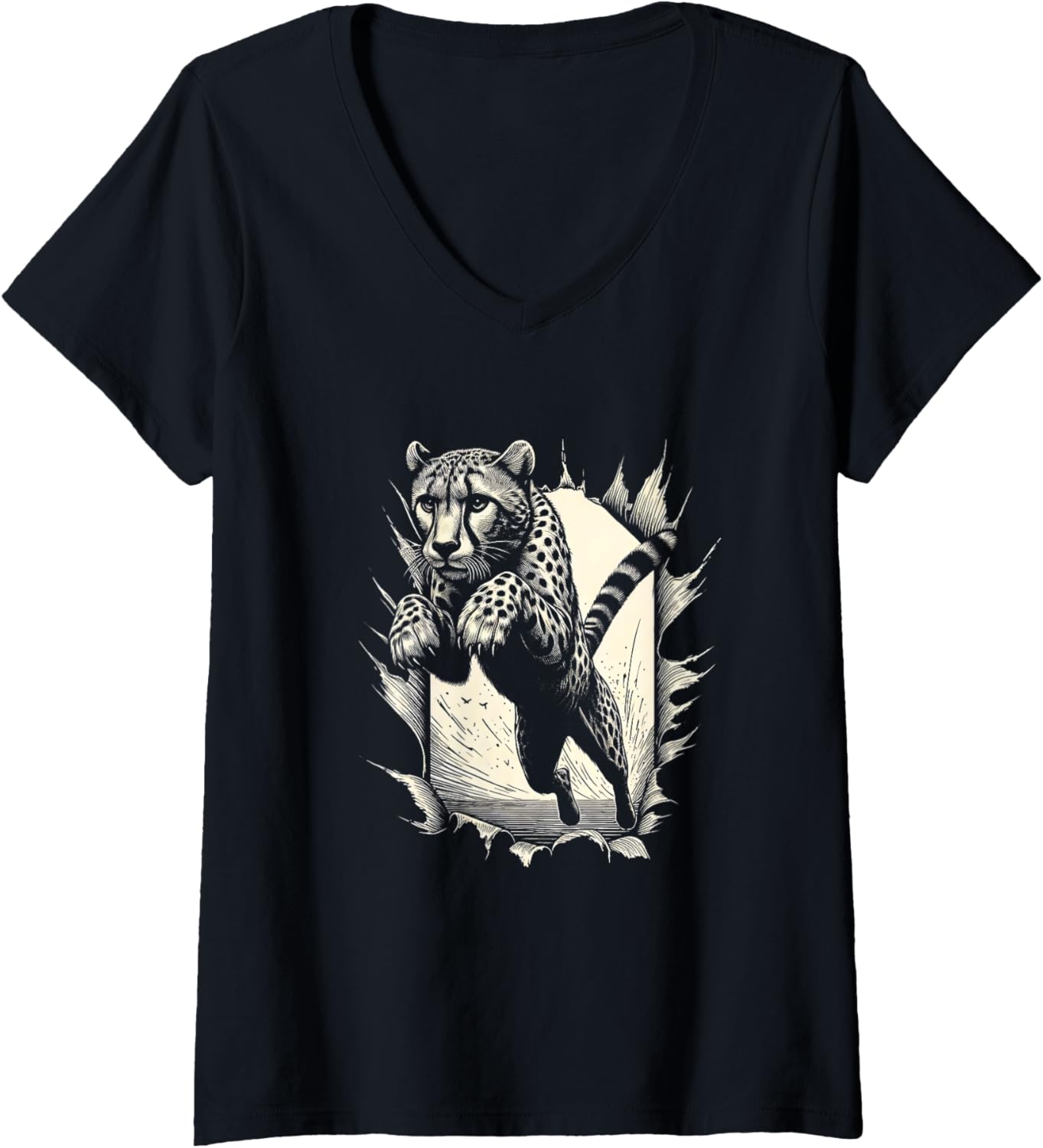 Womens Leopard Cheetah Jumping Graphic Art Design V Neck Apparel Comfort Fit Hot Right Now