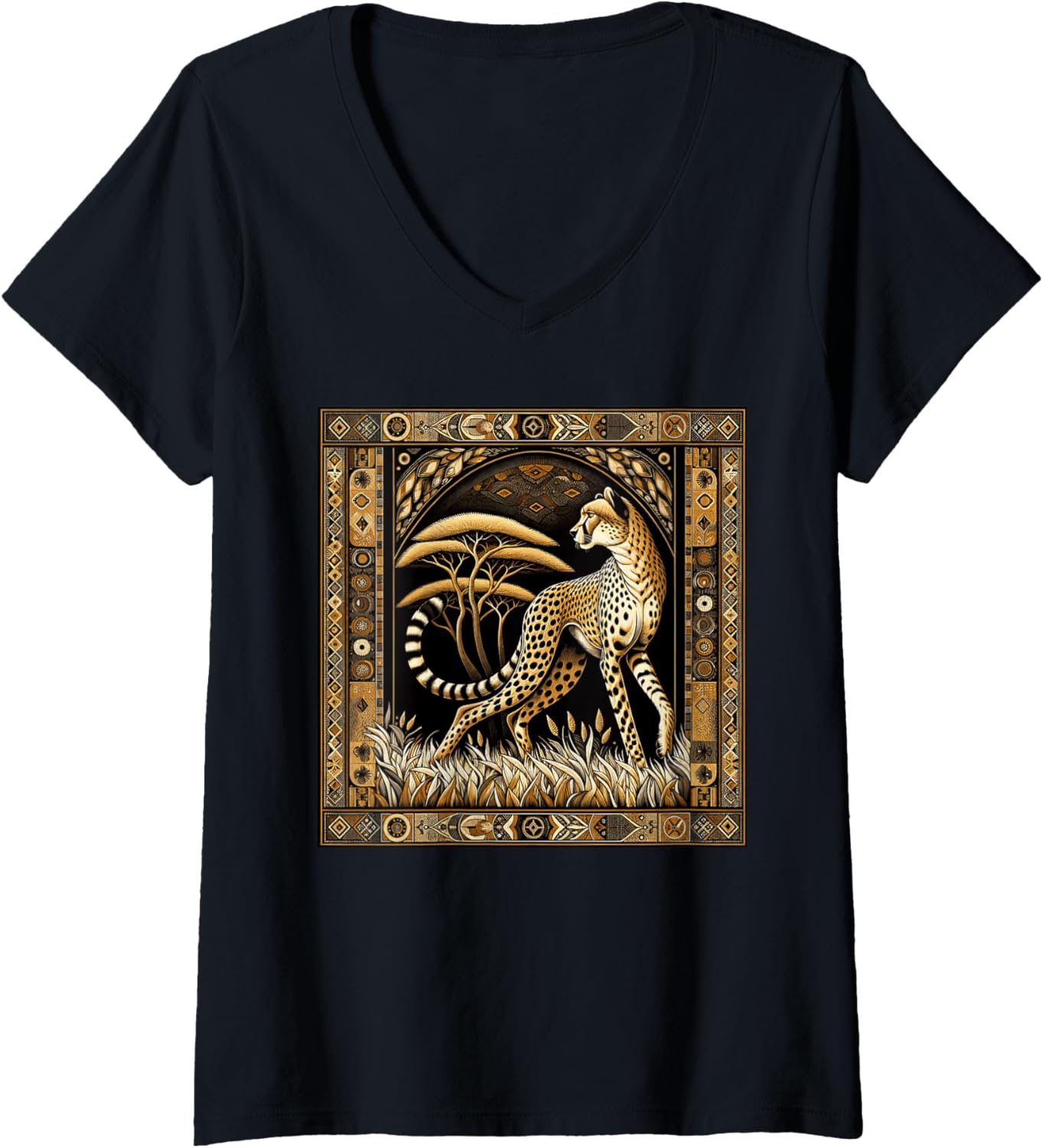 Womens Vintage Cheetah Artwork Elegant Tapestry Motif Style V Neck Apparel Comfort Fit Best Seller Look