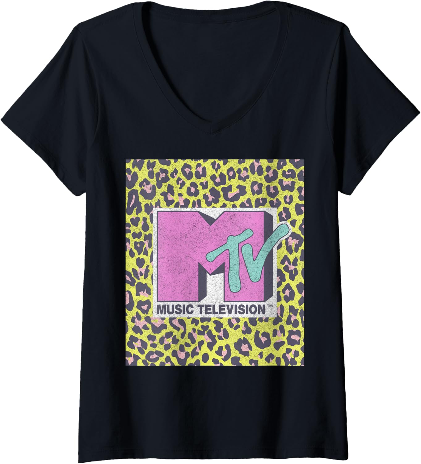 Womens MTV Music Television Neon Cheetah Block Logo V Neck Apparel Viral TikTok Find US Top Pick