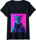 Womens Cool Futuristic Silent Cheetah Vaporwave Zoo Cyberpunk Art V Neck Apparel Premium Print Fan Favorite