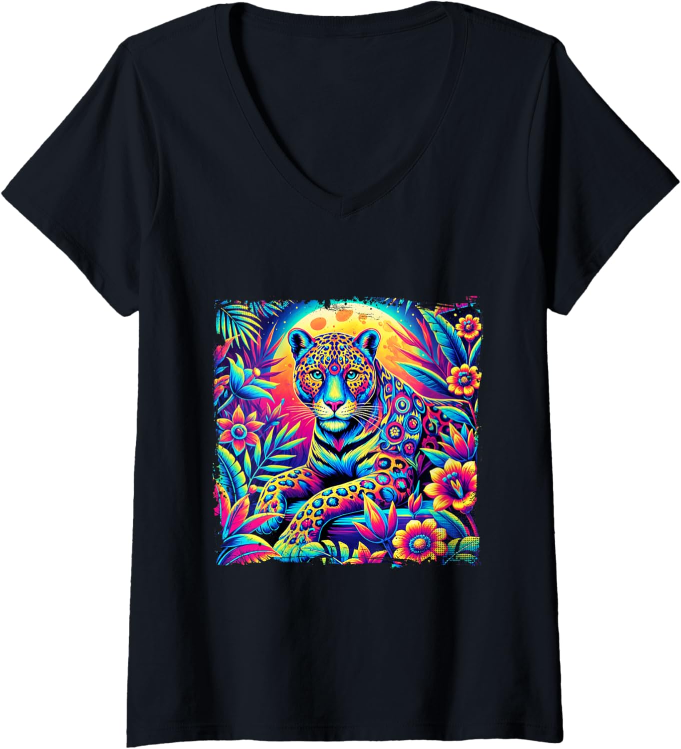 Womens Jaguar Jungle Animal Lover Vibrant Colorful Flower Cheetah V Neck Apparel Viral TikTok Find Fan Favorite