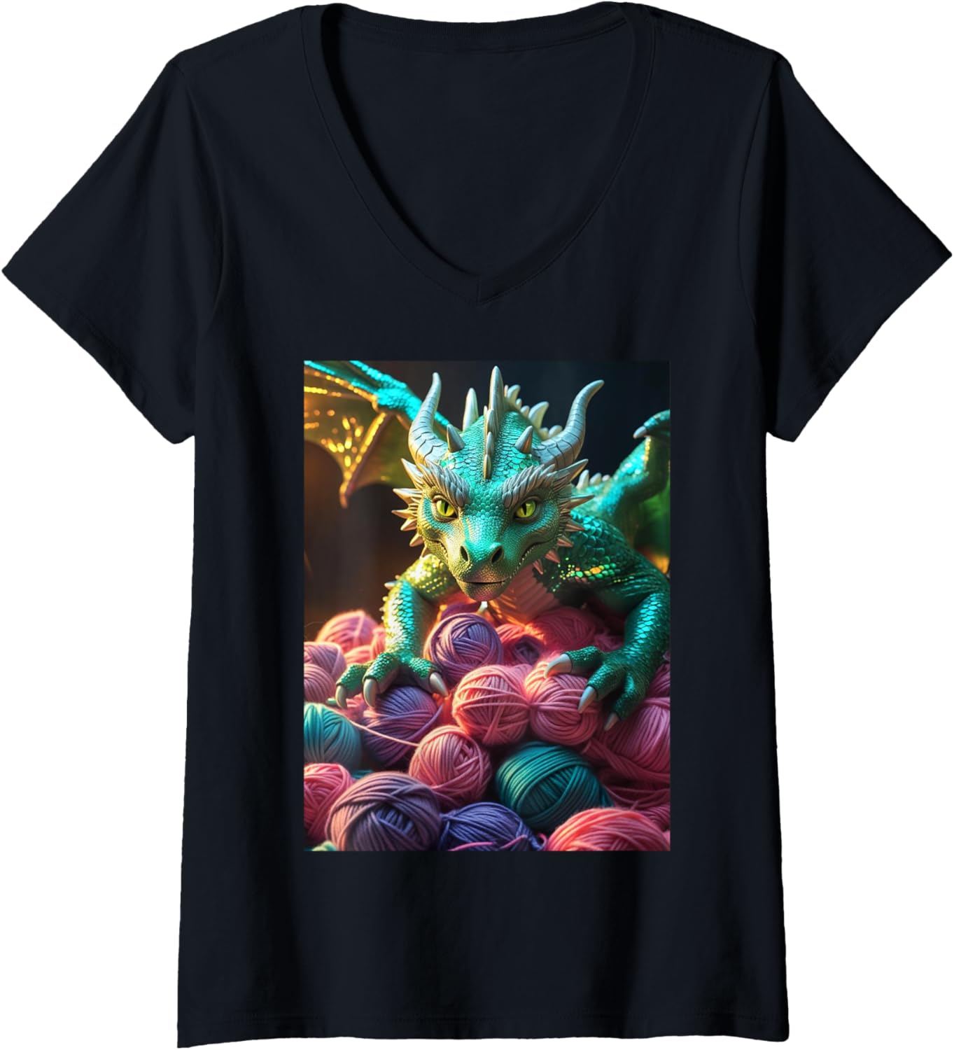Womens Yarn - Dragon Hoarding a Mountain of Yarn V-Neck Yarn Supply | Top Rated | Best Seller Choice