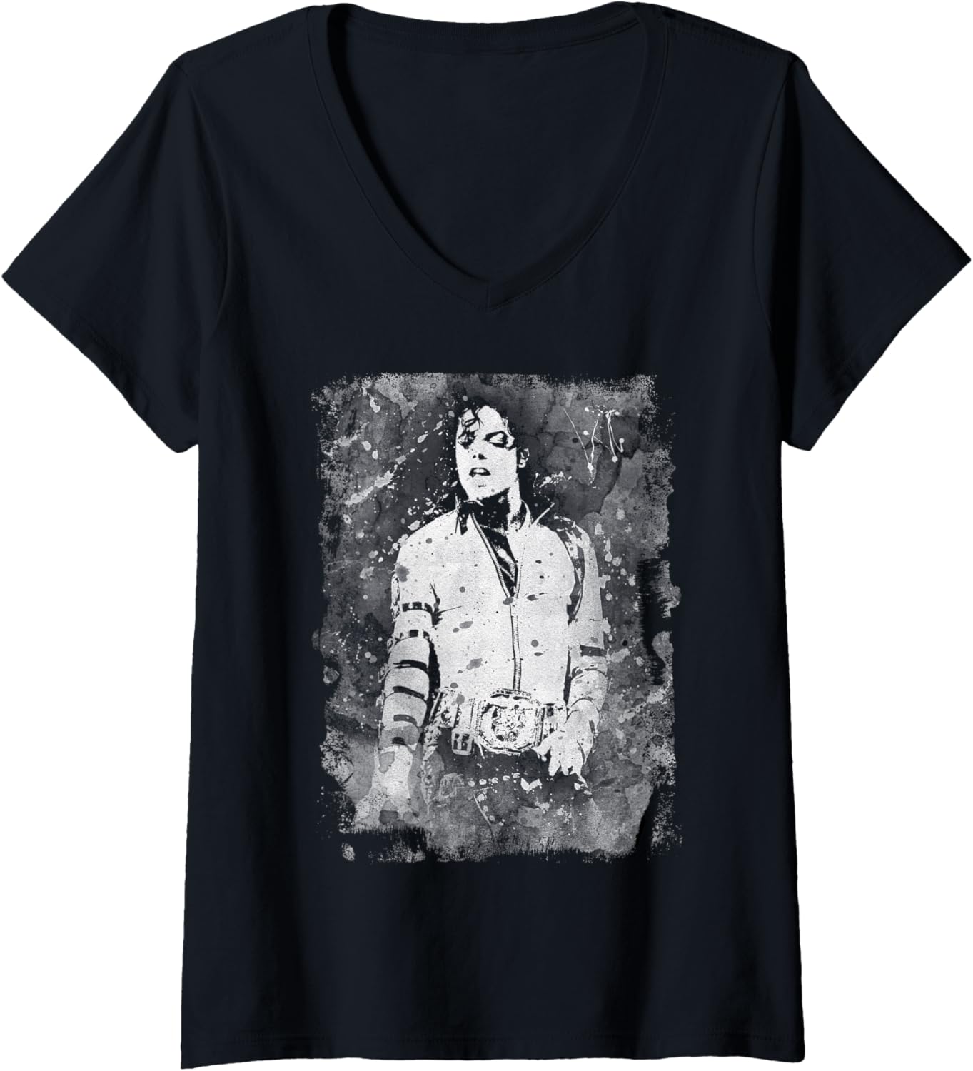 Womens Michael Jackson Bad World Tour 1988 Black And White Splatter V-Neck Apparel | Trending 2025