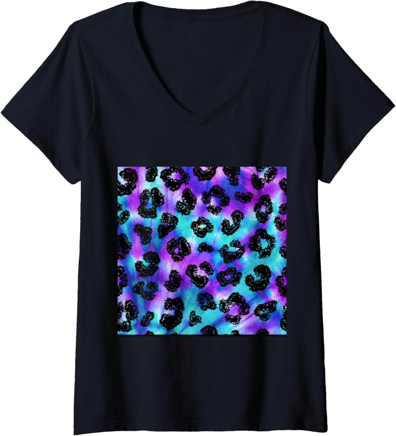 Womens Purple Turquoise Black Leopard Tie Dye Print Cheetah Pattern V Neck Apparel Comfort Fit Fan Favorite