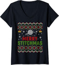 Womens Merry Stitchmas Ugly Xmas Sweater Knitting Yarn Christmas V-Neck Sweater | Viral US Pick | Perfect for Crafters