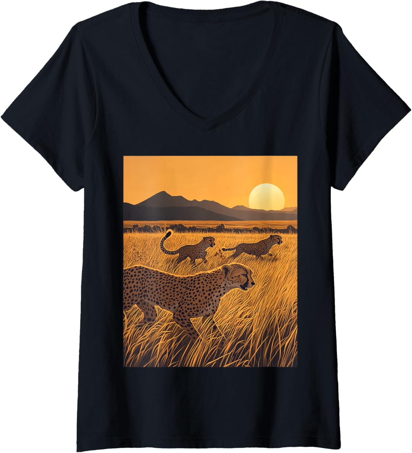 Womens Cheetah Wildlife Print Nature Lover Safari Sunset Art V Neck Apparel Comfort Fit Gift Ready