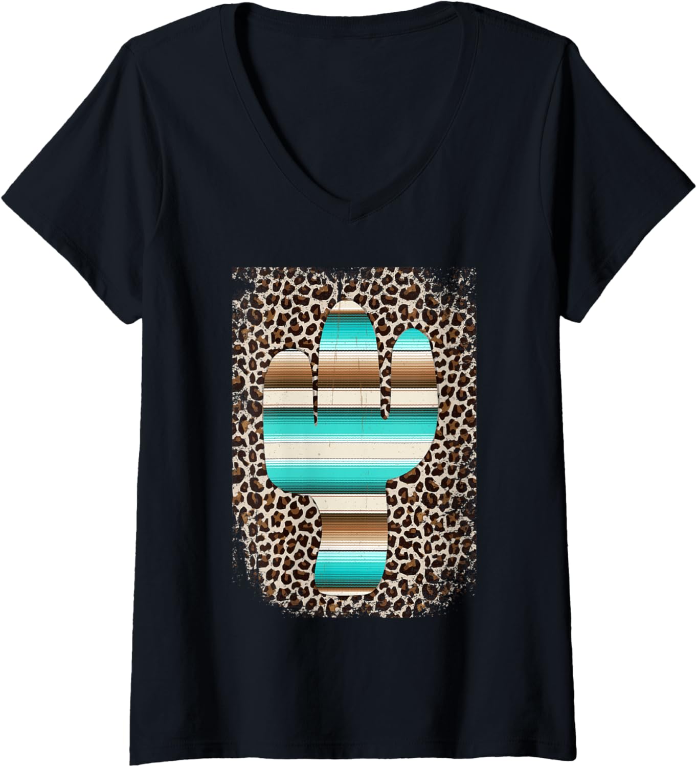 Womens Funny Leopard Cheetah Serape Cactus print Brown Turquiose V Neck Apparel High Search Demand Fan Favorite