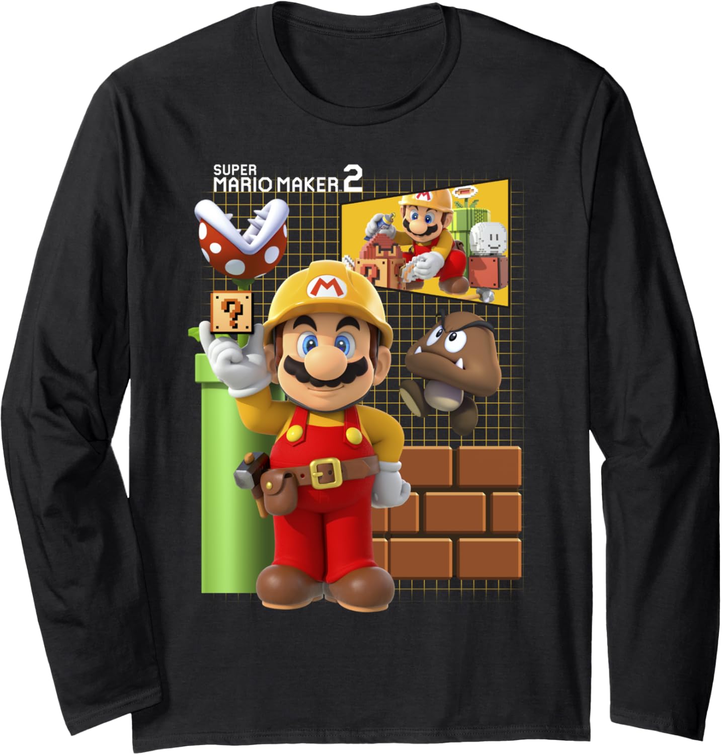 Super Mario Maker 2 Game Play Portrait Grid Background Long Sleeve Apparel | Trending 2025 | Aesthetic Fit