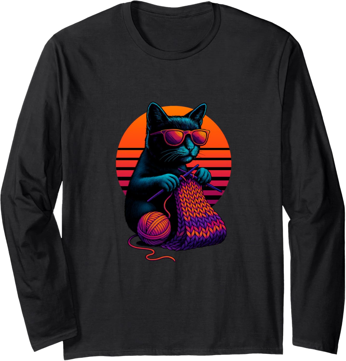 Retro Cat With Yarn Needles Knitting Knitter Long Sleeve Yarn Supply | Viral US Pick | High CTR Title