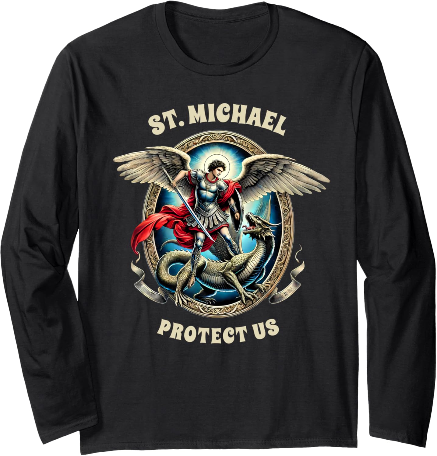 St. Michael Catholic Faith Religious St. Michael Protect Us Long Sleeve Apparel | Everyday Casual Wear