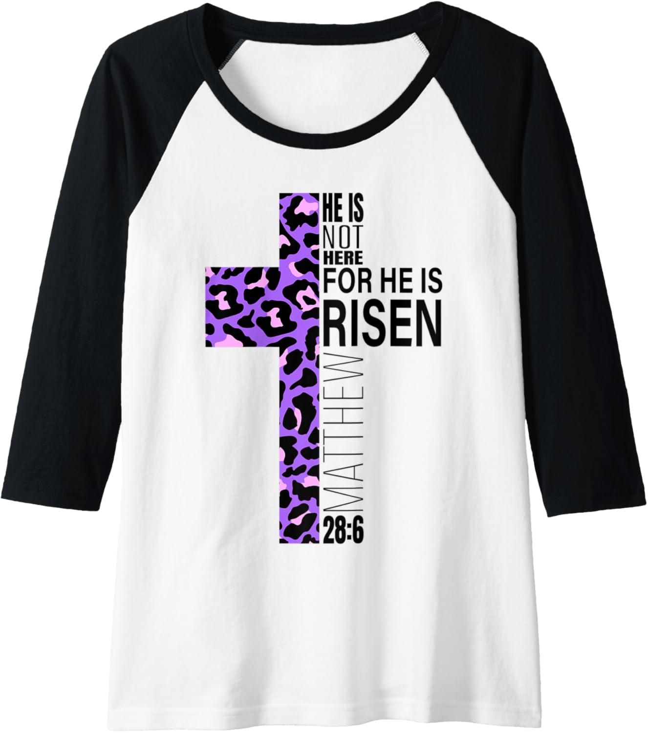 Womens Cute Purple Christian Cheetah Print Easter Verse He Is Risen Raglan Baseball Tee T Shirt Viral TikTok Find Everyd