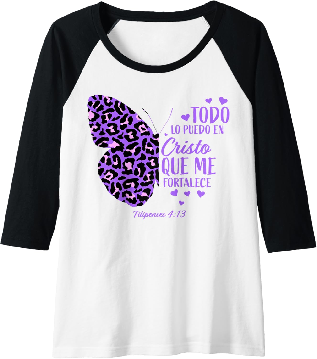 Womens Christian Spanish Bible Verse Purple Cheetah Print Butterfly Raglan Baseball Tee T Shirt Premium Print Best Selle