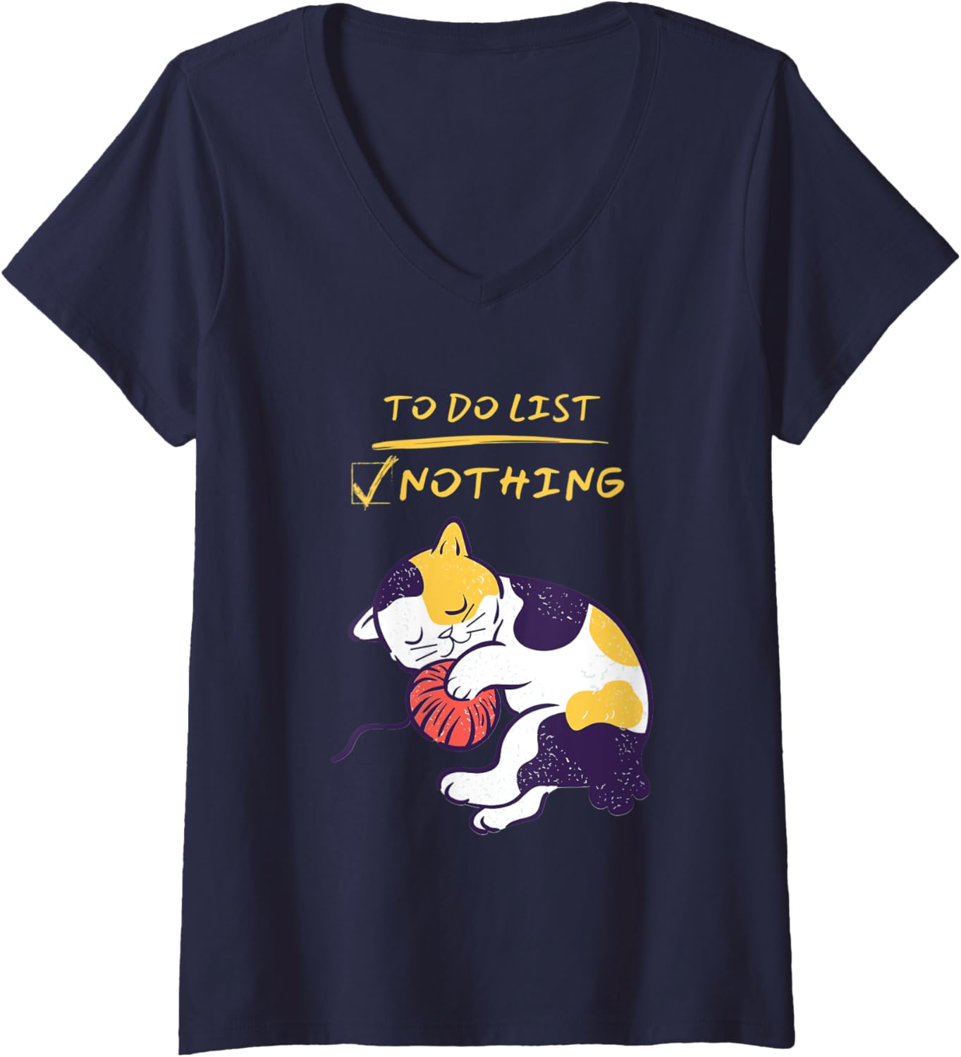 Womens Cute Lazy Sleeping Calico Kitty Cat Sleeping with Yarn V-Neck Yarn Supply | Premium Quality | Customer Favorite