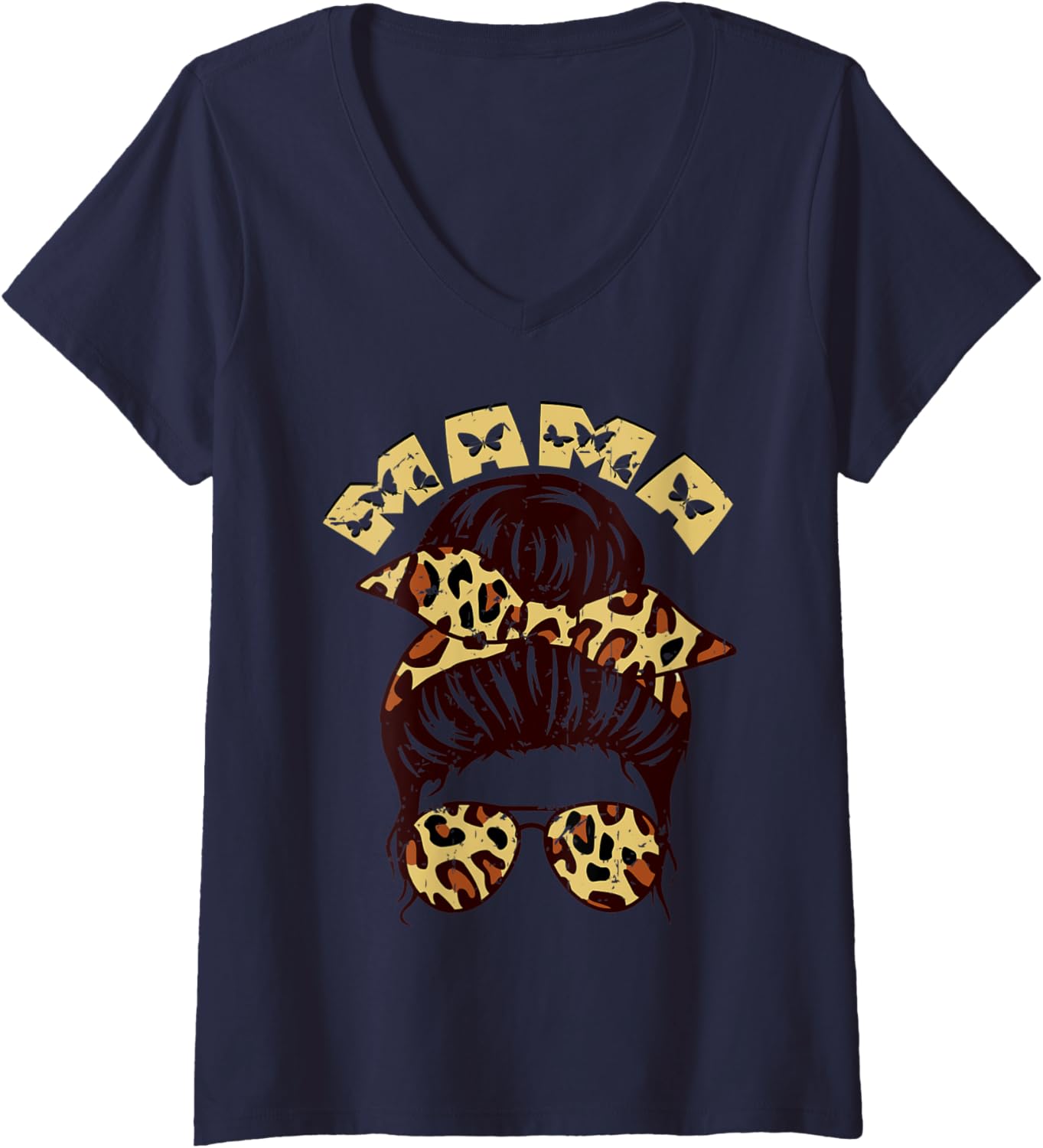 Womens Mom Messy Hair Bun Cheetah Butterfly Mama Leopard Vintage V Neck Apparel Viral TikTok Find Gift Ready
