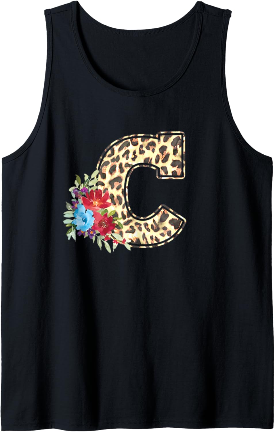 Letter C Initial Leopard Cheetah Print Flowers Watercolor Tank Top Tank Top Comfort Fit Everyday Wear