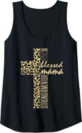 Womens Blessed Mama Cross Cheetah Print Christian Mom Mothers Day Tank Top Tank Top Trending US Hot Right Now