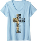 Womens He Is Risen Jesus God Easter Christian Cheetah Leopard Print V Neck Apparel Trending US Gift Ready