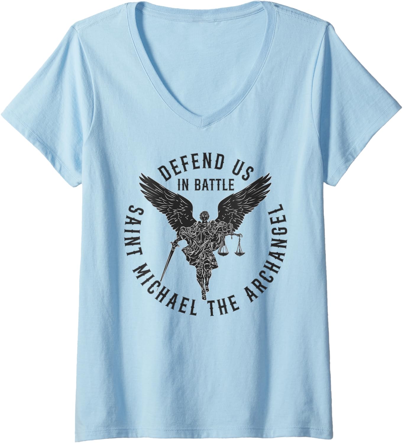 Womens Defend us in battle Saint Michael the archangel V-Neck Apparel | US Best Seller