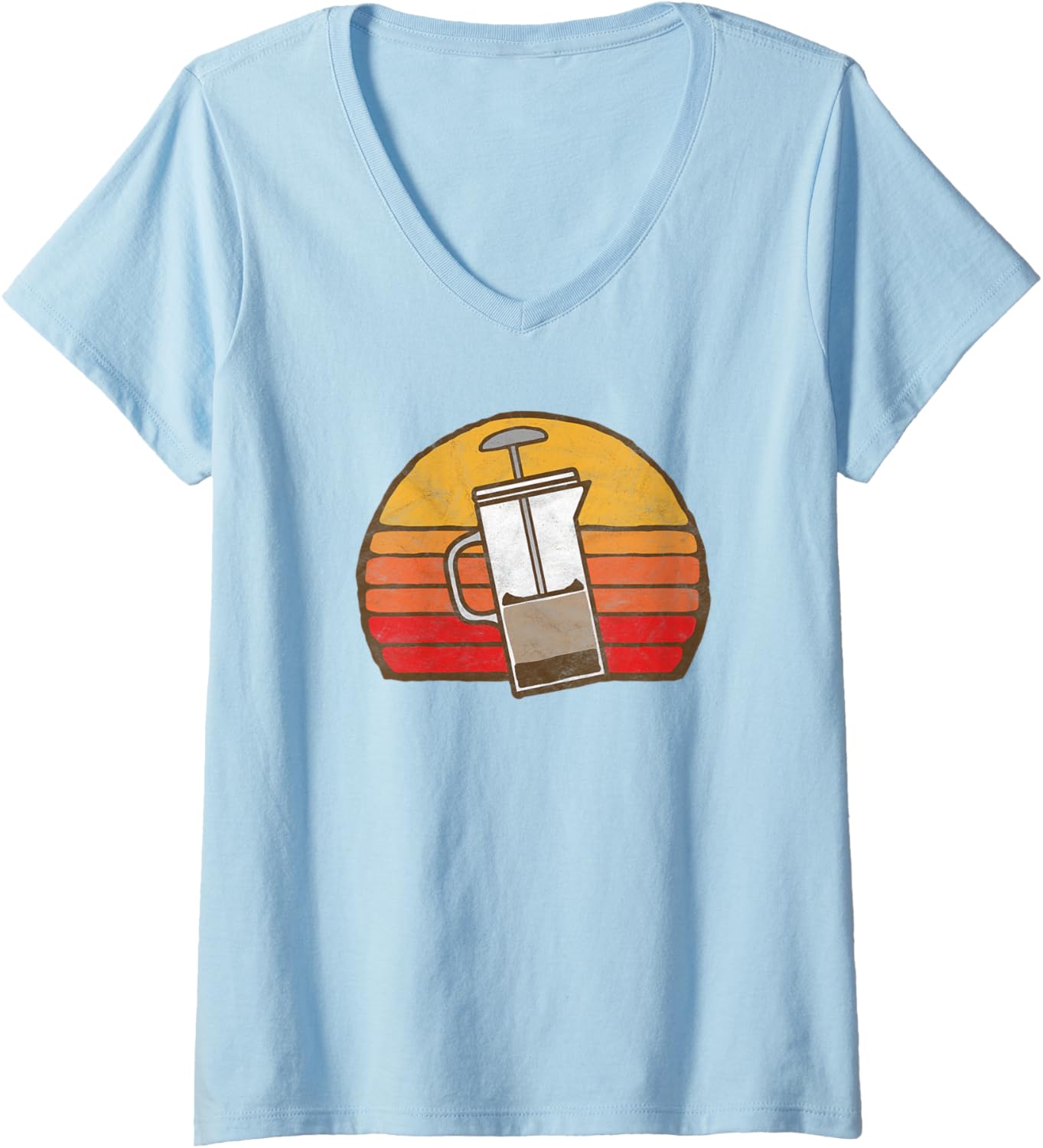 Womens Vintage French Press Coffee Maker & 80s Sun V-Neck Apparel | Best Seller Pick | Comfort Daily Wear